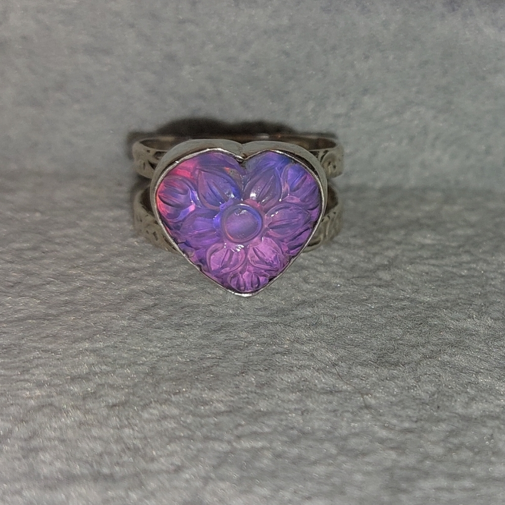 Aurora Opal Carved Heart Shaped Ring Sterling Silver - Picture 7 of 8